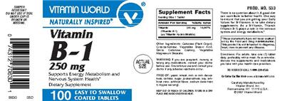 Photo of the Vitamin World Vitamin B-1 250 mg label