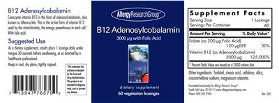 Photo of the Allergy Research Group B12 Adenosylcobalamin 3000 mcg with Folic Acid label