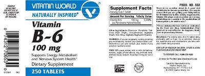 Photo of the Vitamin World Vitamin B-6 100 mg label