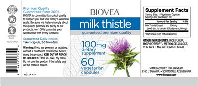 Photo of the BIOVEA Milk Thistle 100 mg label