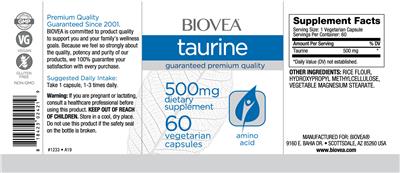 Photo of the BIOVEA Taurine 500 mg label