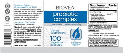 Photo of the BIOVEA Probiotic Complex label