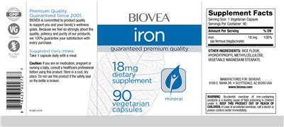 Photo of the BIOVEA Iron 18 mg label