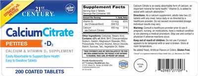 Photo of the 21st Century Calcium Citrate Petites + D3 label