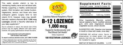Photo of the VSN Vital Strength Nutrition B-12 Lozenge 1,000 mcg Luscious Natural Raspberry Flavor label