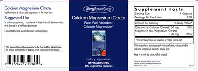 Photo of the Allergy Research Group Calcium Magnesium Citrate label