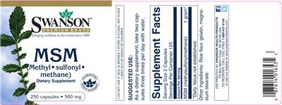 Photo of the Swanson Premium Brand MSM (Methyl-Sulfonyl-Methane) 500 mg label