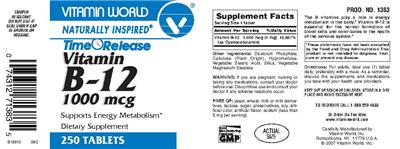 Photo of the Vitamin World Time Release Vitamin B-12 1000 mcg label