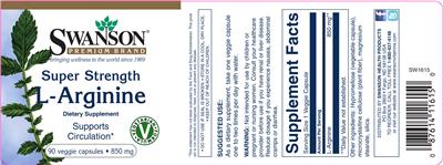 Photo of the Swanson Premium Brand Super Strength L-Arginine 850 mg label