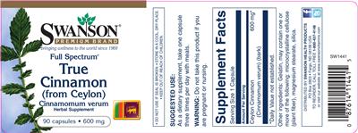 Photo of the Swanson Premium Brand Full Spectrum True Cinnamon (from Ceylon) 600 mg label
