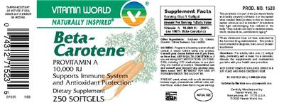 Photo of the Vitamin World Beta-Carotene Provitamin A 10,000 IU label