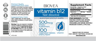 Photo of the BIOVEA Vitamin B12 500 mcg Fast Dissolve Cherry Flavor label