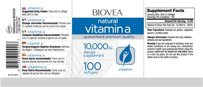 Photo of the BIOVEA Natural Vitamin A 10,000 IU label
