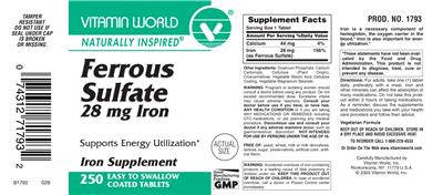 Photo of the Vitamin World Ferrous Sulfate 28 mg Iron label