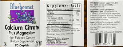 Photo of the Bluebonnet Calcium Citrate plus Magnesium label