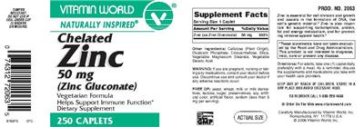 Photo of the Vitamin World Chelated Zinc 50 mg (Zinc Gluconate) label