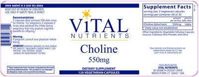 Photo of the Vital Nutrients Choline 550 mg label