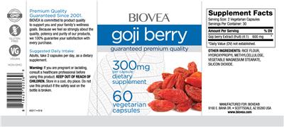 Photo of the BIOVEA Goji Berry 300 mg label