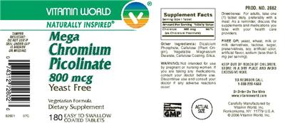 Photo of the Vitamin World Mega Chromium Picolinate 800 mcg label