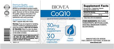 Photo of the BIOVEA CoQ10 30 mg label