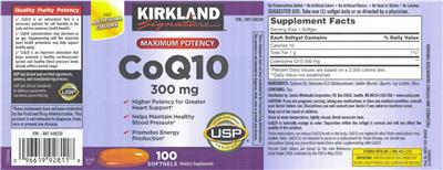 Photo of the Kirkland Signature CoQ10 300 mg label