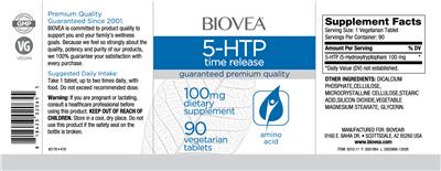 Photo of the BIOVEA 5-HTP Time Release 100 mg label