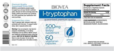Photo of the BIOVEA L-Tryptophan 500 mg label