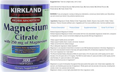 Photo of the Kirkland Signature Magnesium Citrate 250 mg label
