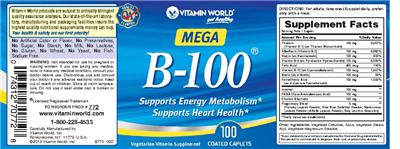 Photo of the Vitamin World Mega B-100 label