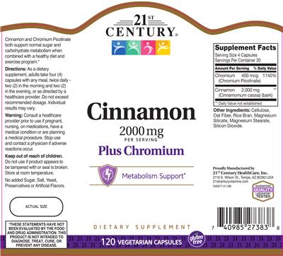Photo of the 21st Century Cinnamon 2000 mg plus Chromium label