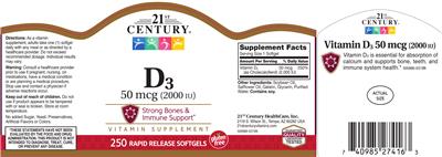 Photo of the 21st Century D3 50 mcg (2000 IU) label