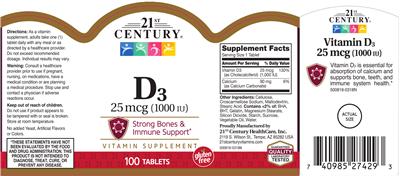 Photo of the 21st Century D3 25 mcg (1000 IU) label