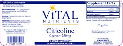 Photo of the Vital Nutrients Citicoline 250 mg label