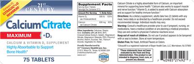 Photo of the 21st Century Calcium Citrate +D3 Maximum label