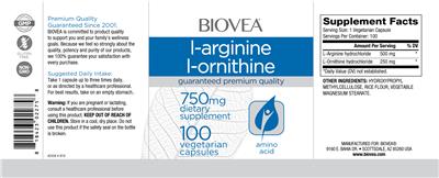 Photo of the BIOVEA L-Arginine L-Ornithine 750 mg label