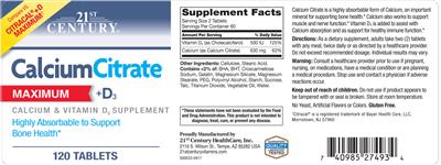 Photo of the 21st Century Calcium Citrate +D3 Maximum label