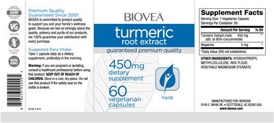 Photo of the BIOVEA Turmeric Root Extract 450 mg label