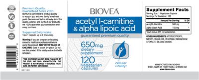 Photo of the BIOVEA Acetyl L-Carnitine & Alpha Lipoic Acid 650 mg label