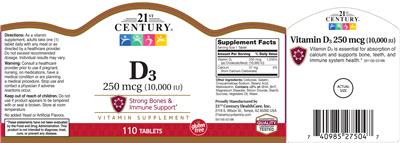 Photo of the 21st Century D3 250 mcg (10,000 IU) label