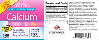 Photo of the 21st Century Calcium 500+D3 plus Extra D3 label