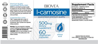 Photo of the BIOVEA L-Carnosine 500 mg label