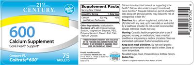 Photo of the 21st Century 600 Calcium Supplement label