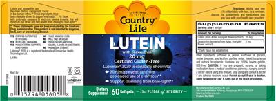 Photo of the Country Life Lutein with Zeaxanthin 20 mg label