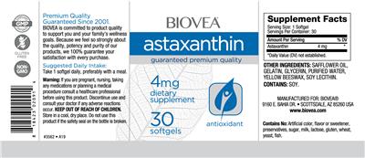 Photo of the BIOVEA Astaxanthin 4 mg label
