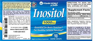 Photo of the Vitamin World Inositol 1000 mg label