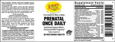 Photo of the VSN Vital Strength Nutrition Prenatal Once Daily label