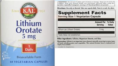 Photo of the KAL Lithium Orotate 5 mg label