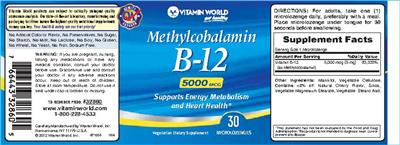 Photo of the Vitamin World Methylcobalamin B-12 5000 mcg label