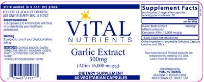 Photo of the Vital Nutrients Garlic Extract 300 mg label