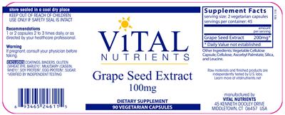 Photo of the Vital Nutrients Grape Seed Extract 100 mg label